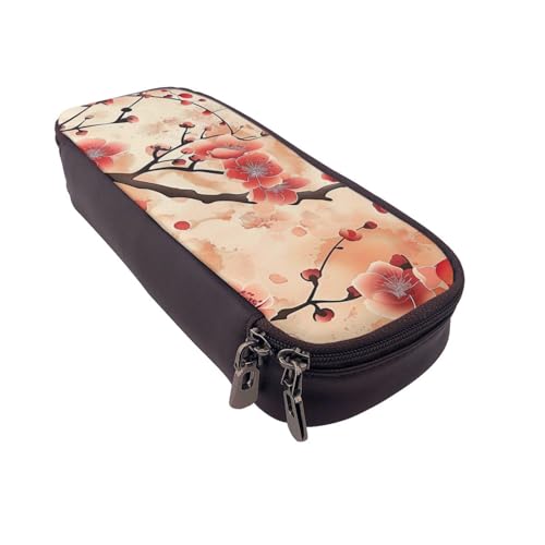 Einfarbiges Federmäppchen aus Leder mit Rosenmuster, multifunktionaler Organizer für Schule, Büro und Reisen, Japanisches Pflaumenblumen, Einheitsgröße, Schulranzen von DENMER