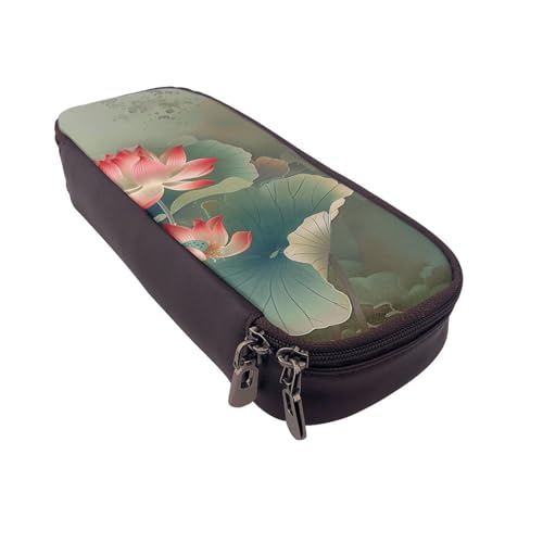 Einfarbiges Federmäppchen aus Leder mit Rosenmuster, multifunktionaler Organizer für Schule, Büro und Reisen, Lotusblume und Libelle, Einheitsgröße, Schulranzen von DENMER