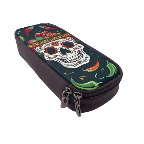 Einfarbiges Federmäppchen aus Leder mit Rosenmuster, multifunktionaler Organizer für Schule, Büro und Reisen, Mexikanischer Schädel, Einheitsgröße, Schulranzen von DENMER
