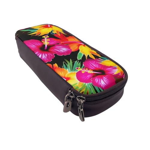 Federmäppchen aus Leder mit Cartoon-Flamingo-Muster, multifunktionaler Organizer für Schule, Büro und Reisen, Hawaiianische bunte Blume, Einheitsgröße, Schulranzen von DENMER