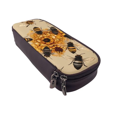 Federmäppchen aus Leder mit Cartoon-Flamingo-Muster, multifunktionaler Organizer für Schule, Büro und Reisen, Honigbienen, Einheitsgröße, Schulranzen von DENMER