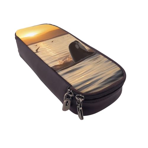 Federmäppchen aus Leder mit Cartoon-Flamingo-Muster, multifunktionaler Organizer für Schule, Büro und Reisen, Killerwal unter Sonnenuntergang, Einheitsgröße, Schulranzen von DENMER