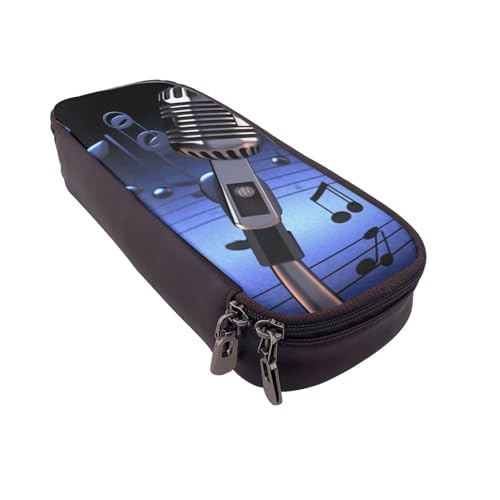 Federmäppchen aus Leder mit Cartoon-Flamingo-Muster, multifunktionaler Organizer für Schule, Büro und Reisen, Mikrofon mit Musiknoten, Einheitsgröße, Schulranzen von DENMER