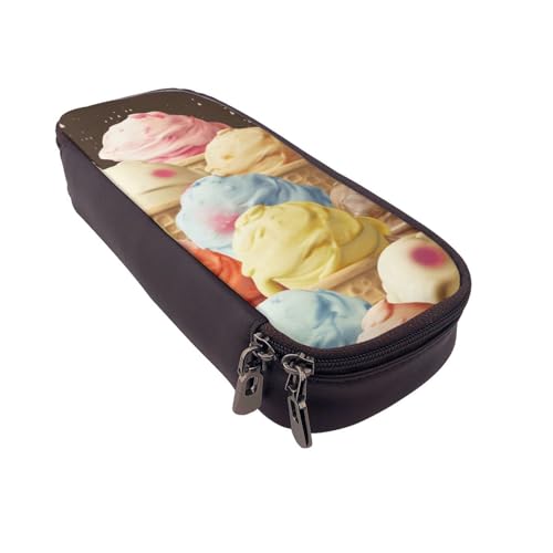Federmäppchen aus Leder mit Cartoon-Flamingo-Muster, multifunktionaler Organizer für Schule, Büro und Reisen, ice cream, Einheitsgröße, Schulranzen von DENMER