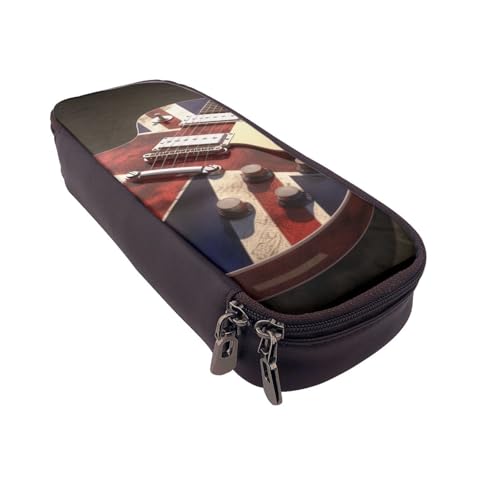 Federmäppchen aus Leder mit Gitarren-Motiv, multifunktionaler Organizer für Schule, Büro und Reisen, Britische Gitarre, Einheitsgröße, Schulranzen von DENMER