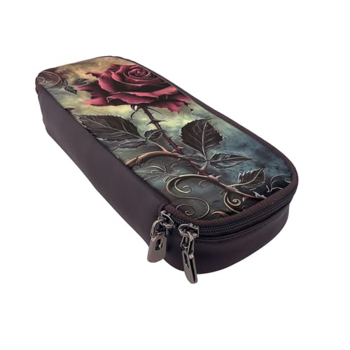 Federmäppchen aus Leder mit Halloween-Totenkopf-Motiv, multifunktionaler Organizer für Schule, Büro und Reisen, Gothic Rose, Einheitsgröße, Schulranzen von DENMER