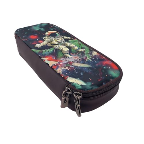 Federmäppchen aus Leder mit Halloween-Totenkopf-Motiv, multifunktionaler Organizer für Schule, Büro und Reisen, Lustiger Astronauten-Dinosaurier-Rakete, Einheitsgröße, Schulranzen von DENMER