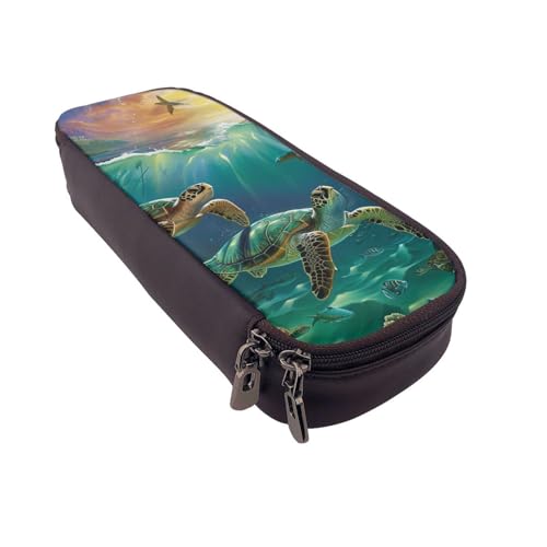 Federmäppchen aus Leder mit Totenkopf-Motiv, multifunktionaler Organizer für Schule, Büro und Reisen, Meeresschildkröten, Einheitsgröße, Schulranzen von DENMER