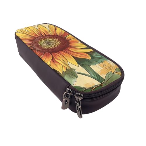 Federmäppchen aus Leder mit Totenkopf-Motiv, multifunktionaler Organizer für Schule, Büro und Reisen, Retro Sonnenblume, Einheitsgröße, Schulranzen von DENMER
