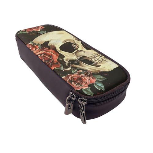 Federmäppchen aus Leder mit Totenkopf-Motiv, multifunktionaler Organizer für Schule, Büro und Reisen, Rose Skull, Einheitsgröße, Schulranzen von DENMER