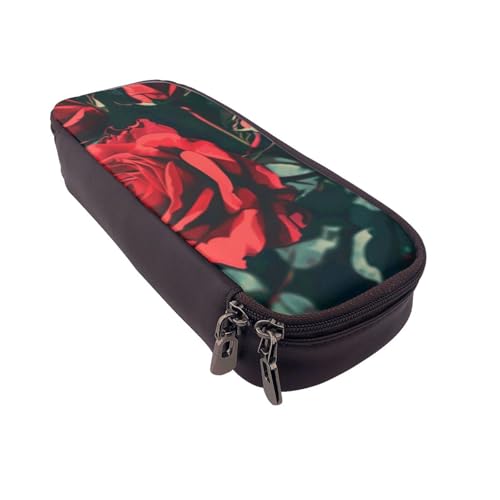 Federmäppchen aus Leder mit Totenkopf-Motiv, multifunktionaler Organizer für Schule, Büro und Reisen, Roter Rosenaufdruck, Einheitsgröße, Schulranzen von DENMER