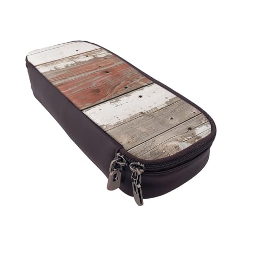 Federmäppchen aus Leder mit Totenkopf-Motiv, multifunktionaler Organizer für Schule, Büro und Reisen, Rustikales altes Scheunenholz, Einheitsgröße, Schulranzen von DENMER