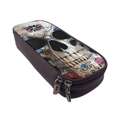 Federmäppchen aus Leder mit Totenkopf-Motiv, multifunktionaler Organizer für Schule, Büro und Reisen, Totenkopf 1, Einheitsgröße, Schulranzen von DENMER