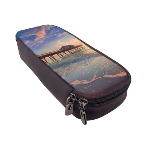 Federmäppchen aus Leder mit Zebramuster, multifunktionaler Organizer für Schule, Büro und Reisen, Sonnenuntergang an der Strandbrücke, Einheitsgröße, Schulranzen von DENMER