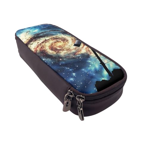 Federmäppchen aus Leder mit Zebramuster, multifunktionaler Organizer für Schule, Büro und Reisen, Teleskop und Weltraumgalaxie, Einheitsgröße, Schulranzen von DENMER