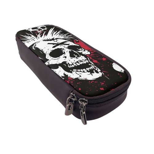 Federmäppchen aus Leder mit Zebramuster, multifunktionaler Organizer für Schule, Büro und Reisen, Weißer Punk-Totenkopf, Einheitsgröße, Schulranzen von DENMER
