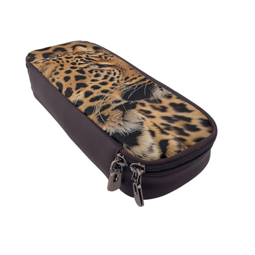 Federmäppchen aus Leder mit Zebramuster, multifunktionaler Organizer für Schule, Büro und Reisen, Wild Leopard Animal, Einheitsgröße, Schulranzen von DENMER