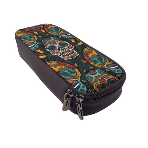 Federmäppchen aus Leder mit buntem Marmordruck, multifunktionaler Organizer für Schule, Büro und Reisen, Bunte Sugar Skulls, Einheitsgröße, Schulranzen von DENMER