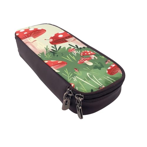 Federmäppchen aus Leder mit buntem Marmordruck, multifunktionaler Organizer für Schule, Büro und Reisen, Cartoon Pilze, Einheitsgröße, Schulranzen von DENMER