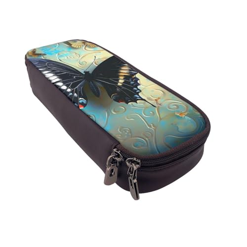 Federmäppchen aus Leder mit buntem Marmordruck, multifunktionaler Organizer für Schule, Büro und Reisen, schmetterling, Einheitsgröße, Schulranzen von DENMER