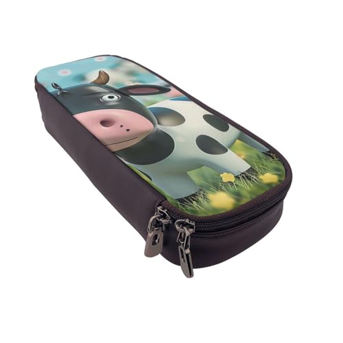 Federmäppchen aus Leder mit niedlichem Pinguin-Tiermuster, multifunktionaler Organizer für Schule, Büro und Reisen, Süße Kuh, Einheitsgröße, Schulranzen von DENMER