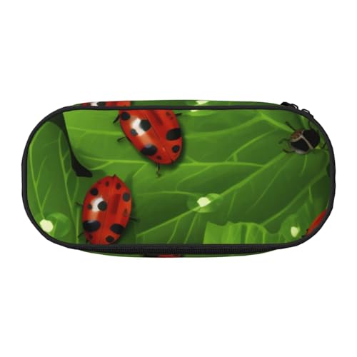 Federmäppchen mit Cartoon-Flamingo-Muster, bedrucktes Oxford-Gewebe, geräumiges Design für Schule, Büro, Reisen – Mehrzweck-Schreibwaren und Make-up-Tasche, Blätter und Marienkäfer, Einheitsgröße von DENMER