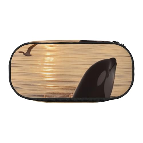 Federmäppchen mit Cartoon-Flamingo-Muster, bedrucktes Oxford-Gewebe, geräumiges Design für Schule, Büro, Reisen – Mehrzweck-Schreibwaren und Make-up-Tasche, Killerwal unter Sonnenuntergang von DENMER