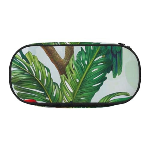 Federmäppchen mit Flamingo-Aufdruck aus Oxford-Stoff mit geräumigem Design für Schule, Büro, Reisen – Mehrzweck-Schreibwaren und Make-up-Tasche, Papageienvögel und tropischer Baum, Einheitsgröße von DENMER