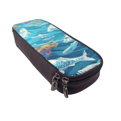 Federmäppchen mit Flamingo-Muster, Leder, multifunktionaler Organizer für Schule, Büro und Reisen, Fische, Einheitsgröße, Schulranzen von DENMER