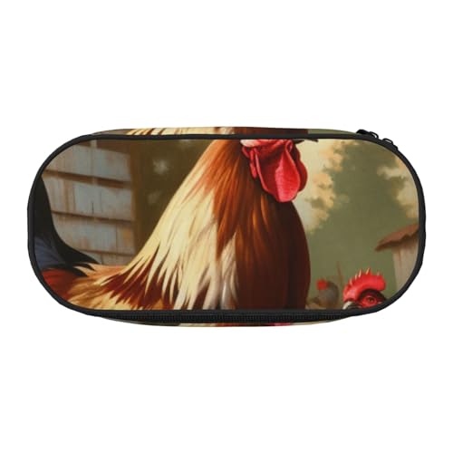 Federmäppchen mit Gitarren-Aufdruck aus Oxford-Stoff mit geräumigem Design für Schule, Büro, Reisen – Mehrzweck-Schreibwaren und Make-up-Tasche, Bauernhof-Aufdruck, Huhn und Hahn, Einheitsgröße von DENMER