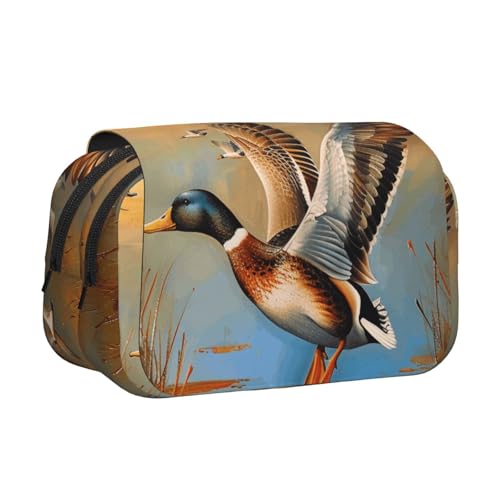 Federmäppchen mit Regenbogenfarben-Holzhintergrund, bedrucktes Flip-Federmäppchen mit 2 Fächern, großes Fassungsvermögen, tragbarer Schreibwaren-Organizer für Schule, Reisen und Kunst, Ölgemälde Ente von DENMER