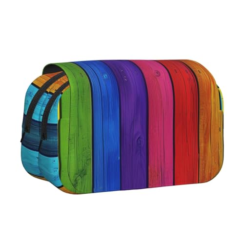 Federmäppchen mit Regenbogenfarben-Holzhintergrund, bedrucktes Flip-Federmäppchen mit 2 Fächern, großes Fassungsvermögen, tragbarer Schreibwaren-Organizer für Schule, Reisen und Kunst von DENMER
