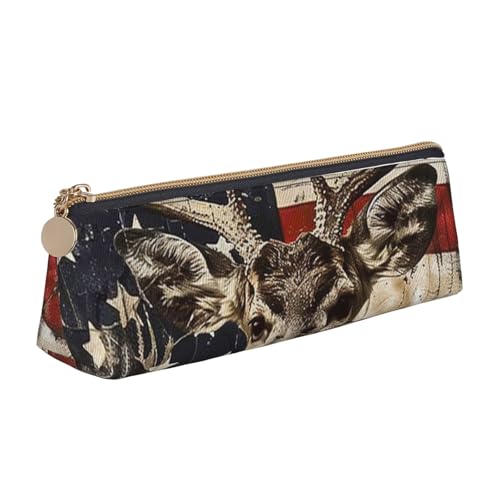 Federmäppchen mit Reißverschluss, Motiv: Bienen, Sonnenblumen, Rose, bedruckt, niedlicher Schreibwaren-Organizer, PVC-Leder, dreieckig, Make-up-Tasche, Stiftebeutel, Americana Flagge Reh von DENMER