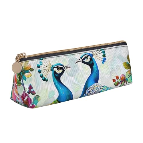 Federmäppchen mit Reißverschluss, Motiv: Bienen, Sonnenblumen, Rose, bedruckt, niedlicher Schreibwaren-Organizer, PVC-Leder, dreieckig, Make-up-Tasche, Stiftebeutel, Schöne Pfauenblumen, Einheitsgröße von DENMER