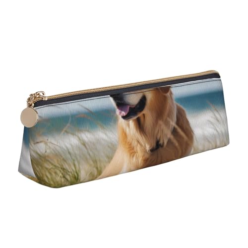 Federmäppchen mit Reißverschluss, Motiv: Jagd fliegende Wildenten am See, niedlicher Schreibwaren-Organizer, PVC-Leder, dreieckig, Make-up-Tasche, Stiftebeutel, Golden Retriever am Strand von DENMER