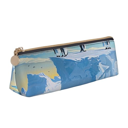 Federmäppchen mit Reißverschluss, Motiv: Piraten-Segelboot, bedruckt, niedlicher Schreibwaren-Organizer, PVC-Leder, dreieckig, Make-up-Tasche, Stiftebeutel, Pinguine auf dem Eisberg, Einheitsgröße von DENMER