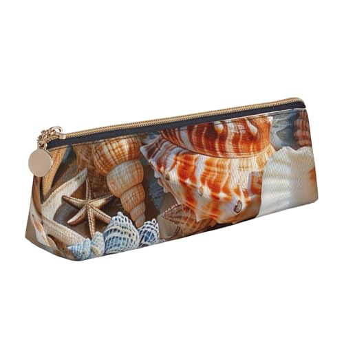 Federmäppchen mit Reißverschluss, Motiv: Sonnenuntergang am Strand, niedlicher Schreibwaren-Organizer, PVC-Leder, dreieckig, Make-up-Tasche, Stifteetui, Muschel-Landschaft am Strand, Einheitsgröße von DENMER