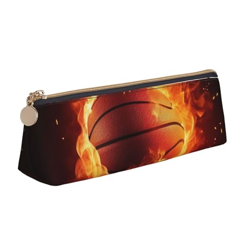 Federmäppchen mit Reißverschluss, Motiv: Totenkopf mit Blumenmuster, niedlicher Schreibwaren-Organizer, PVC-Leder, dreieckig, Make-up-Tasche, Stifteetui, Schwarz, Basketball auf Feuer Flamme Spritzen von DENMER