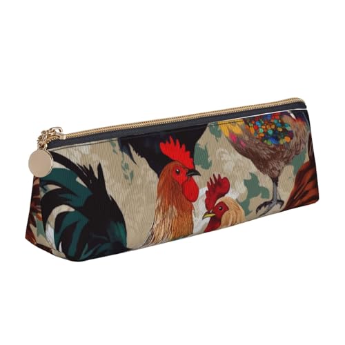 Federmäppchen mit Reißverschluss, bedruckt, Motiv: Frühling Happy Festival, Urlaub, niedlicher Schreibwaren-Organizer, PVC-Leder, dreieckig, Make-up-Tasche, Stiftebeutel, Aufdruck Hahn und Huhn von DENMER