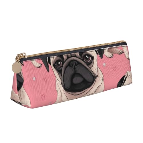 Federmäppchen mit Reißverschluss, bedruckt, Motiv: Frühling Happy Festival, Urlaub, niedlicher Schreibwaren-Organizer, PVC-Leder, dreieckig, Make-up-Tasche, Stiftebeutel, Niedlicher Mops-Hund von DENMER