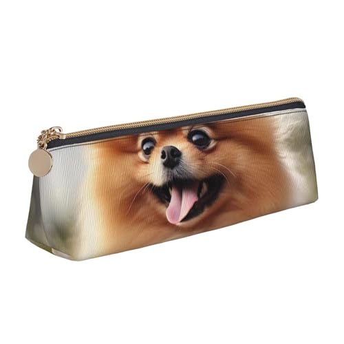 Federmäppchen mit Reißverschluss, bedruckt, Motiv: Frühling Happy Festival, Urlaub, niedlicher Schreibwaren-Organizer, PVC-Leder, dreieckig, Make-up-Tasche, Stiftebeutel, Pommerischer Hund von DENMER