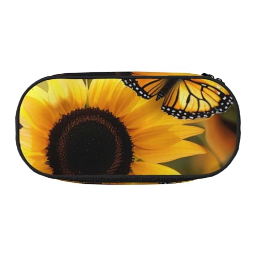 Federmäppchen mit Sonnenblumenfeld-Druck, Oxford-Stoff, geräumiges Design für Schule, Büro, Reisen, Mehrzweck-Schreibwaren und Make-up-Tasche, Sonnenblumen, blühende Blumen, Pflanzen, Schmetterling von DENMER