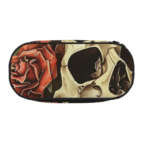 Federmäppchen mit Totenkopf-Motiv, Oxford-Stoff, geräumiges Design für Schule, Büro, Reisen, Mehrzweck-Schreibwaren und Make-up-Tasche, Rose Skull, Einheitsgröße, Schulranzen von DENMER