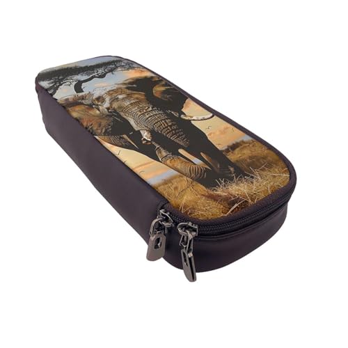 Federmäppchen mit Vogelnest, bedrucktes Leder, multifunktionaler Organizer für Schule, Büro und Reisen, Afrikanischer Elefant, Einheitsgröße, Schulranzen von DENMER