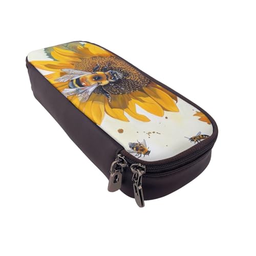Federmäppchen mit Vogelnest, bedrucktes Leder, multifunktionaler Organizer für Schule, Büro und Reisen, Biene auf Sonnenblume, Einheitsgröße, Schulranzen von DENMER