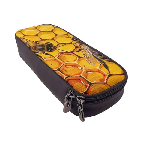 Federmäppchen mit Vogelnest, bedrucktes Leder, multifunktionaler Organizer für Schule, Büro und Reisen, Biene auf Wabenwaben, Einheitsgröße, Schulranzen von DENMER