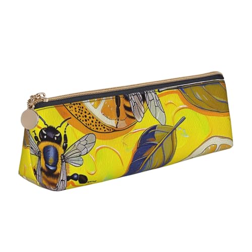 Federmäppchen mit abstraktem blauem Reißverschluss, niedlicher Schreibwaren-Organizer, PVC-Leder, dreieckig, Make-up-Tasche, Stiftebeutel, Gelbe Zitrone und Biene, Einheitsgröße, Schulranzen von DENMER
