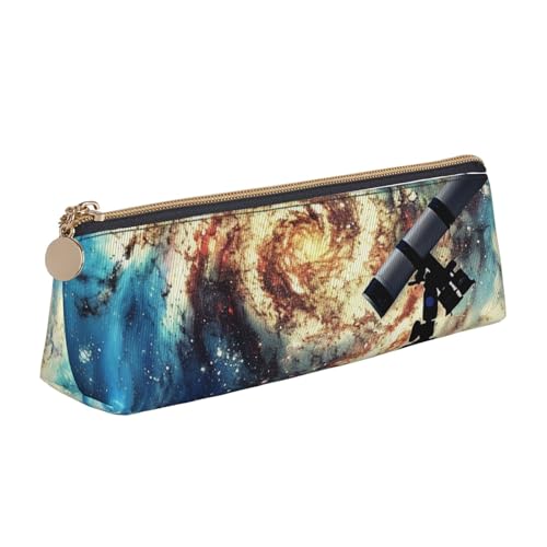 Federmäppchen mit abstraktem blauem Reißverschluss, niedlicher Schreibwaren-Organizer, PVC-Leder, dreieckig, Make-up-Tasche, Stiftebeutel, Teleskop und Weltraumgalaxie, Einheitsgröße, Schulranzen von DENMER