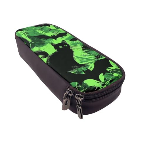 Federmäppchen mit amerikanischer Flagge und Sternen, bedrucktes Leder, multifunktionaler Organizer für Schule, Büro und Reisen, Schwarz-grüner Geister-Horror-Halloween-Kürbis, Einheitsgröße von DENMER