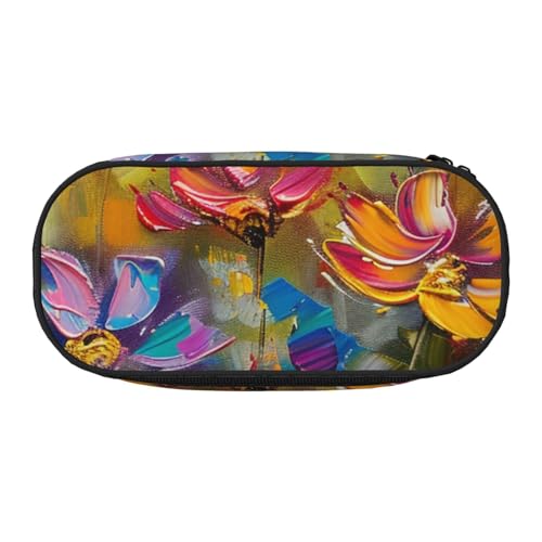 Federmäppchen mit amerikanischer Flagge und Sternen und Streifen, bedrucktes Oxford-Gewebe mit geräumigem Design für Schule, Büro, Reisen – Mehrzweck-Schreibwaren und Make-up-Tasche, Bunte Blumen im von DENMER